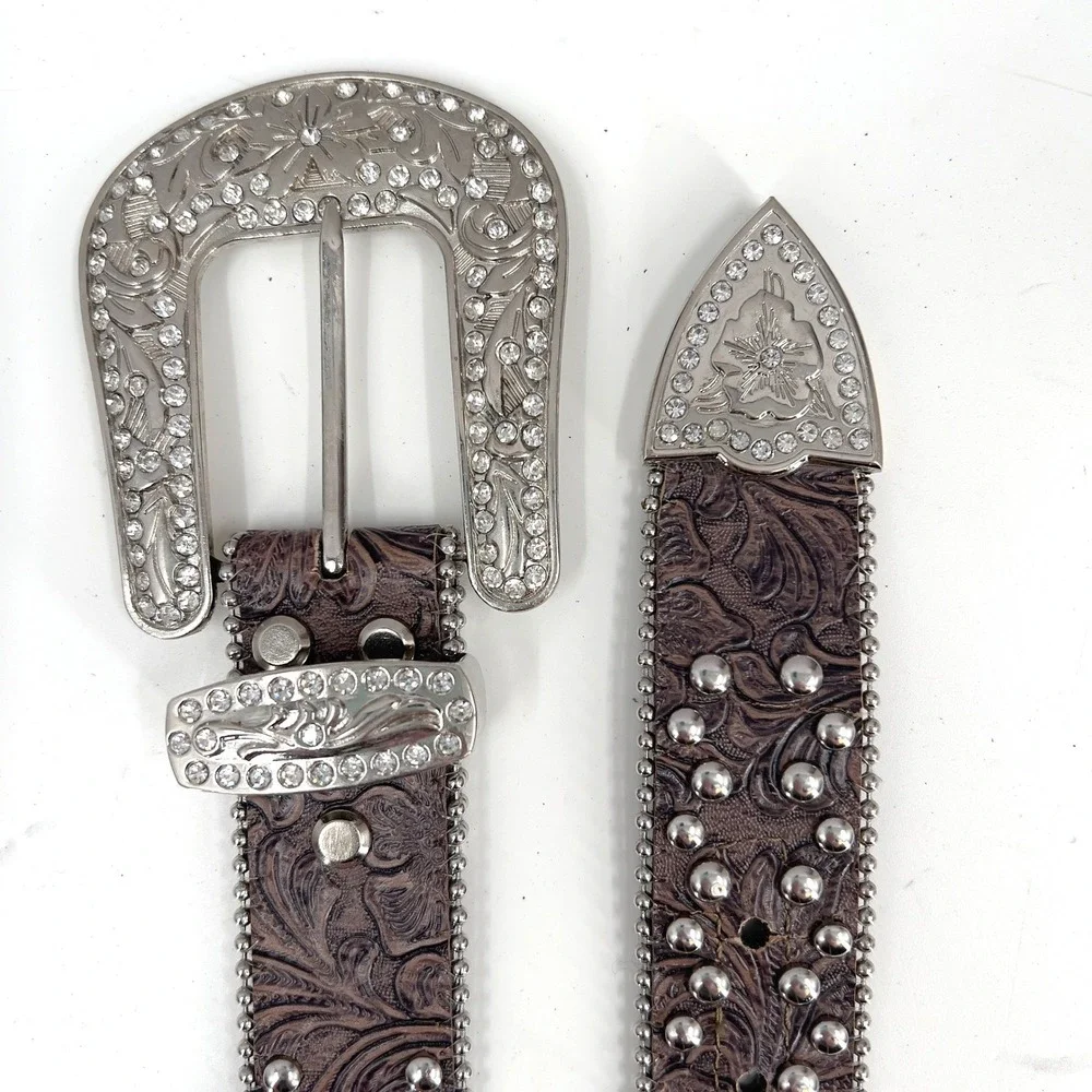 Women's Western Belt Brown Floral Embossed Rhinestone Studded Silver Bling Y2K L